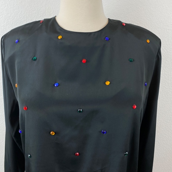 Vintage 90s Black Slinky Rhinestone Blouse Med/Large Long Sleeves Evening Party - Picture 4 of 9